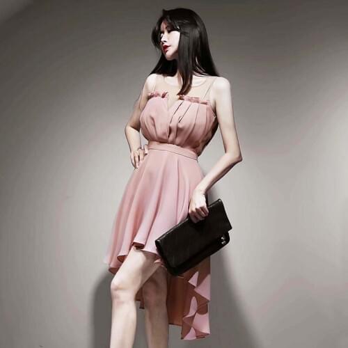 New arrival fashion party high quality dress women elegant summer sexy asymmetrical simple vintage mesh perspective pink dress