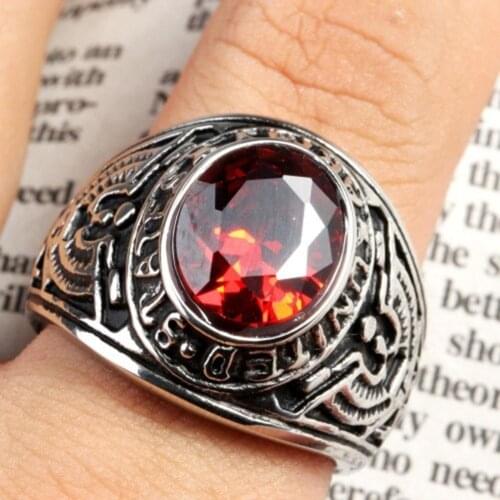 Punk Rhinestone Inlaid Letters Engraved Band Finger Ring Men Party Jewelry Gift Vintage Red Zircon Stone Black Finger Rings