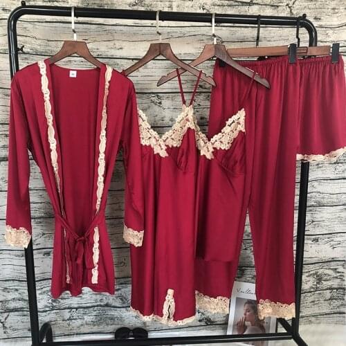 Summer Women Satin Sleepwear 5 Pieces Pyjamas Sexy Lace Pajamas Silk Night Home Clothing Pajama Suit Sleep Lounge Pijama