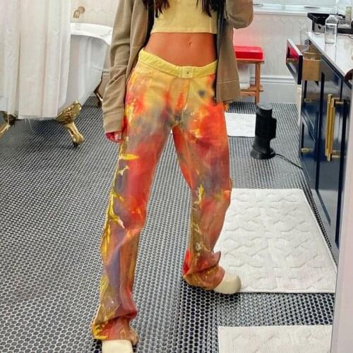 Tie Dyed Print Y2K Straight Pants Women Low Waist Vintage Harajuku Streetwear Trousers Korean Causal Colorful Moms Bottoms