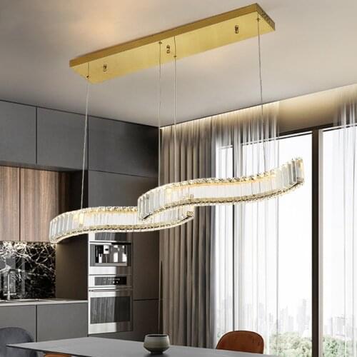 Modern Luxury K9 Crystals Led Dimmable Pendant Light Dining Room Gold Chrome Steel Wave Pendant Lamp Led Suspend Lamp Fixtures