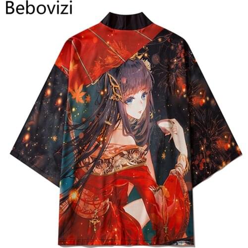 Traditional Cardigan Cosplay Haori Set Asian Clothes Japanese Anime Beauty Print Kimono Pants Suit Beach Yukata Women Shirt
