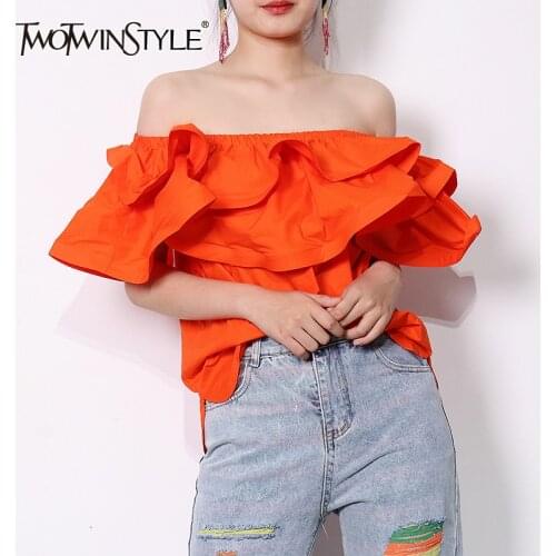 TWOTWINSTYLE chic patchwork ruffle shirt for women slash neck short sleeve casual green blouse female fashion new clothing 2021