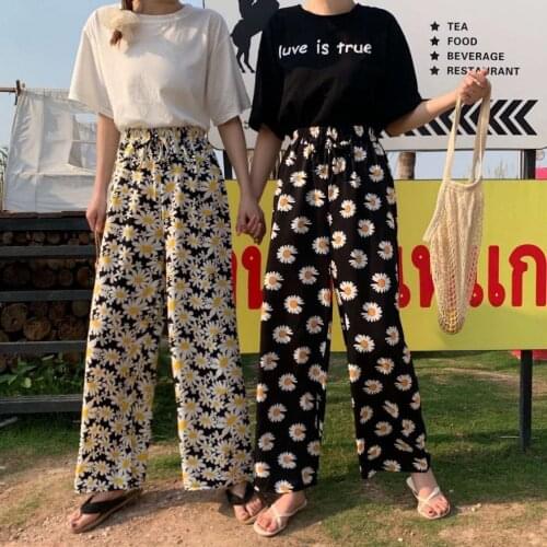 2020 Summer Womens Chiffon Wide Leg Trousers Lady Loose High Waist Streetwear Women Flower Print Casual Pants Women