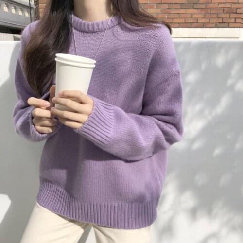 Women 2021 Spring Autumn New Fashion Loose Sweaters Tops Female Thicken Warm Solid Color Tops Ladies O-neck Knitted Tops D623