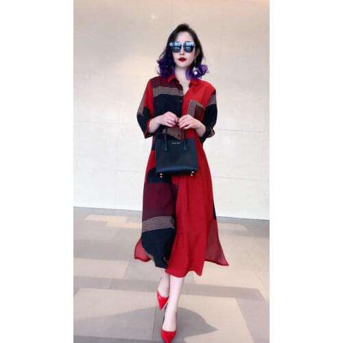 Summer Plus Size5XL Red Splicing Dress Women 2021 Spring Autumn New Korean Fashion Loose Thin Cover Belly Mid-Long Shirt Dresses