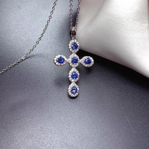 S925 silver natural blue sapphire gem necklace natural gemstone pendant Elegant lucky cross woman girl party gift fine jewelry