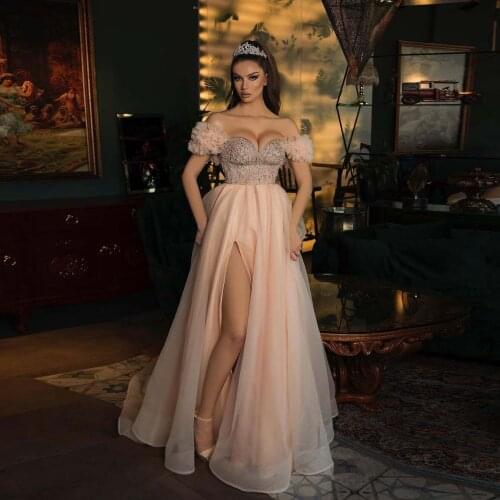 Nude Pink Elegant Evening Dress Sweetheart Tulle Applique Floor Length High Split Women Dress Occasion Prom Dress Custom Made