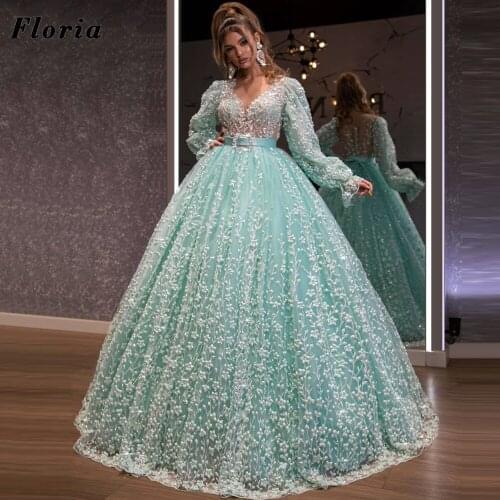 Mint Green Crystals Long Sleeves Party Dress Evening Dresses 2021 Customized Vestidos Women Prom Dress Saudi Arabia Party Gowns