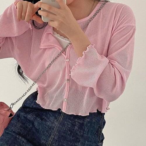 2021 Womens Button Down Loose Tops, Casual Long Sleeve Lettuce Trim Ribbed Knit Cardigan For Daily Wear Party Dating Travel