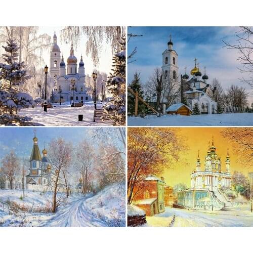 5D DIY Diamond Painting Church Winter Snow Cross Stitch Kits Full Drill Embroidery Landscape Mosaic Picture Of Rhinestones Decor