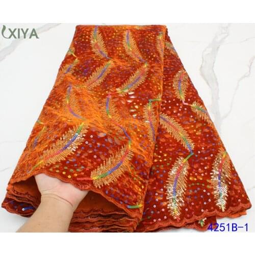 Feather Pattern Velvet Lace Fabric Orange African Sequin Lace Fabric for Sewing Nigerian Sequence Lace Net Lace Fabric APW4251B