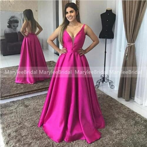 Hot Pink Prom Dresses Cheapest A-line Formal Party Gowns V-neck Floor Length Fuchsia Vestido De Fiesta De Graduación Prom Dress