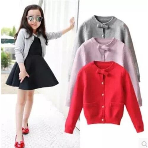 Spring and Autumn Childrens Clothing Fashion Foreign Knit Cardigan Childrens Baby Sweater Cardigan Bow Small Solid Color Coat