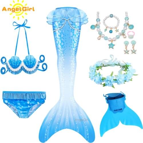 AngelGirl 2020 Swimmable Mermaid Tail kids with Flipper Girls Mermaid Swimsuit Children Mermaid Holiday Beach Cosplay Costume
