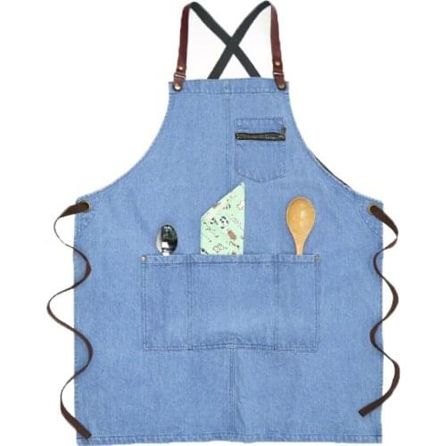 Denim Adults Apron Adjustable Housekeeping Denim Apron Fashion Barista Milk Tea Shop Unisex Light Blue With Home Cleaner Tool