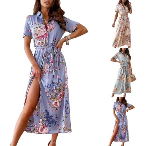 Hot Sale Women Lapel Dress Elegant Floral Print High Waist Loose Dress Daily Wear
