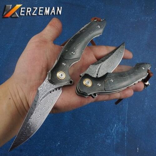 Kerzeman Damascus Steel Handmade Folding Knife Tactical Camping VG10 Blade Survival Utility Outdoor EDC Tools Pocket Knives