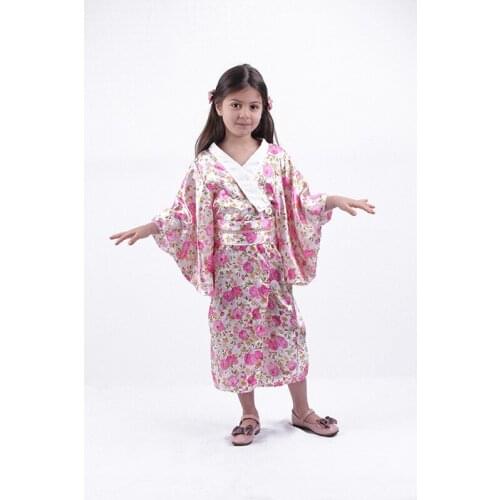 Children Japanese Kimono Sakura Floral Print Dress with Obi Belt Cardigan Yukata Cosplay Costume Vintage Kawaii Sleepwear Girl
