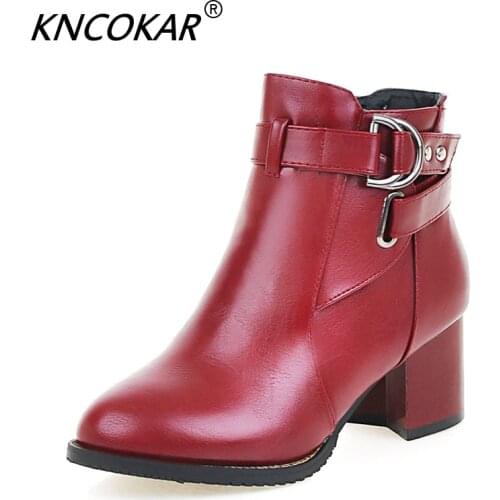 KNCOKAR New Women Ankle Boots Plus Size 34-43 Square Heel Zip Pointed Toe Classic Fashion Woman Shoes Black Beige White x1016