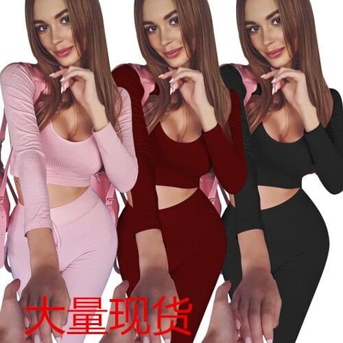 FNOCE Cross-border Foreign Trade Womens fashion Sexy Ribbed Pit Strip Home Sports Long-sleeved Pants Suit Two-piece Suit