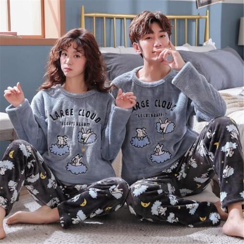 Cartoon Couples Pyjamas Women Men Sleepwear Pijamas Ladies Winter Flannel Fleece Warm Pajamas Set Homewear For Girls Nightwear