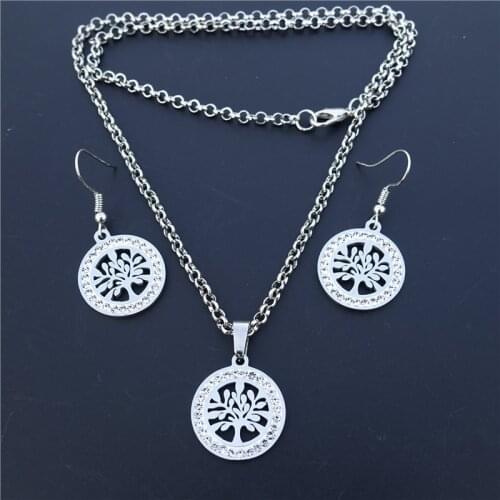Life of Tree Stainless Steel Jewelry Set Clay Inlaid White Rhinestone Necklace Earrings For Women Girls