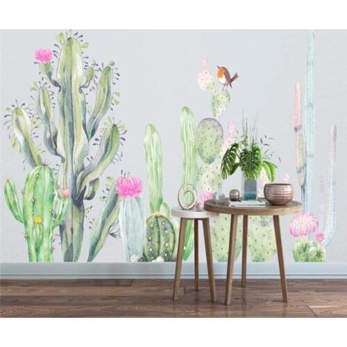 Professional custom wallpaper simple hand-painted american garden cactus living room tv background wall