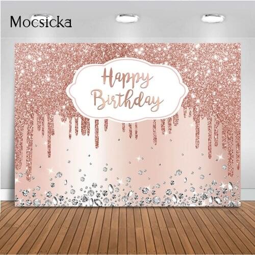 Pink Rose Golden Birthday Party Backdrop Glitter Diamonds Happy Birthday Background Girls Sweet 16 18th 21th Birthday Party