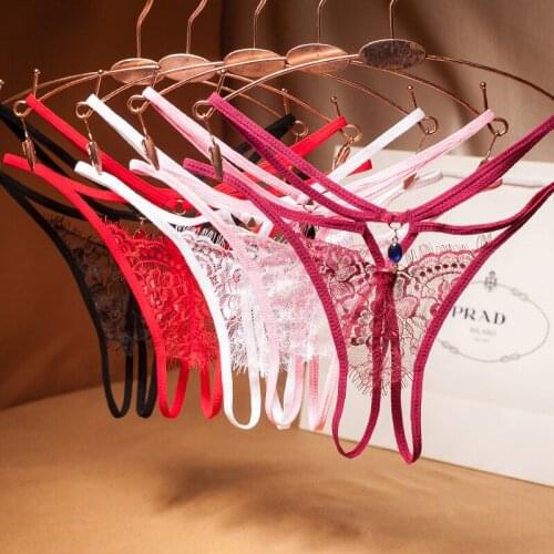 Sexy Lingerie Women Lace Panties Thongs Pearl Pendant Lace Embroidery G-String T-Back Briefs Underwear Adjustable Ladies Panties