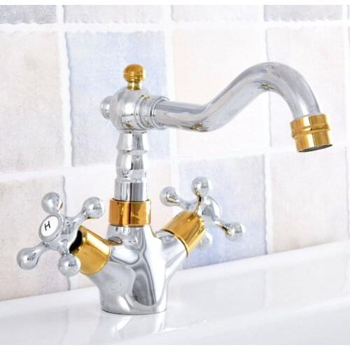 Gold Silver Brass Bathroom Sink Faucet Dual Handle Deck Mount Bath Washbasin Hot Cold Mixer Water Tap WC Taps Nsf805