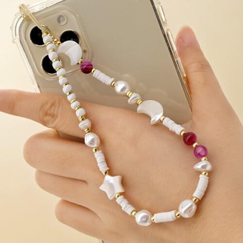 Unique Star Moon Phone Case Chain For Women Cute Pearls Beaded Mobile Strap Phone Charm Telephone Anti-Lost Lanyard Jewelry Gift