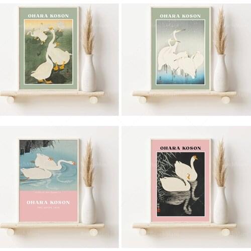 Vintage painting Japanese art, heron print, swan print, Deux cygnes swan decorative abstract painting, vintage animal wall art J