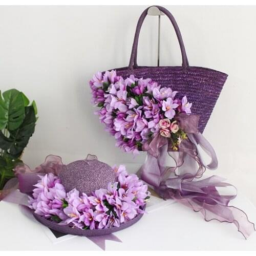 Summer womens handmade casual Holiday beach Panama Caps straw hat+ bags Holiday beach Lace sun hat and raffia handbag set