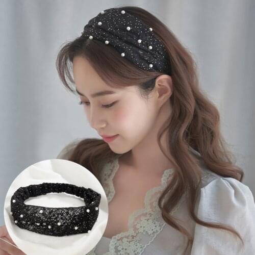 CHIMERA Women Hair Accessories Headwear Black Beading Broad Brim Headband Elasticity Fabric Hair Band Simple Elegant Head Hoop