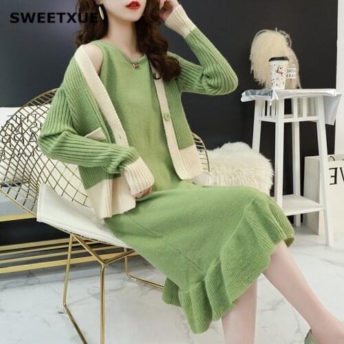 SWEETXUE Loose Korean Version Ruffled Vest Suspender Skirt Contrast Color Pocket Knit Cardigan Two-Piece Set Women Suit