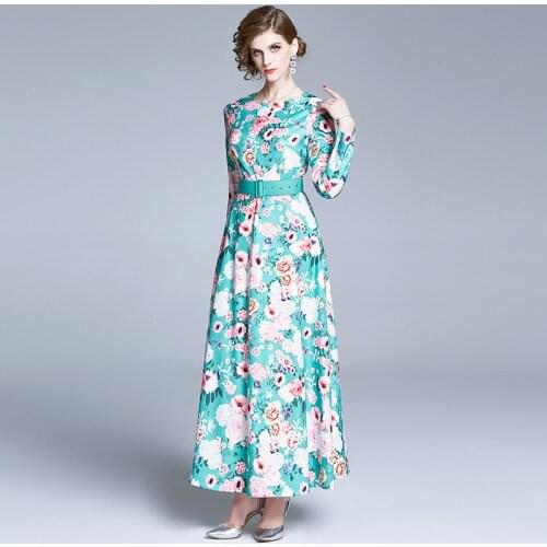 Autumn Holiday Maxi Dress Womens Long Sleeve O-neck Belted Floral Print Elegant Big Swing Green Bohemian Long Dress k3573