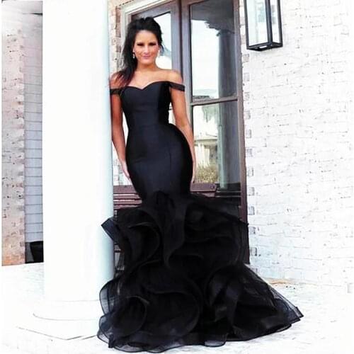 Black Mermaid Wedding Dress Ruffles Piping Long Vintage Bridal Gowns Off Shoulder Vestidos De Novia Floor Length Sexy Arabic