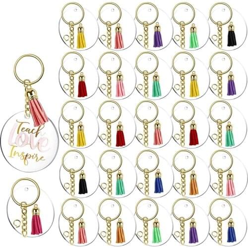 120Pcs Acrylic Keychain Blanks Tassels Clear Circle Blanks with Hole Key Rings with Chain Jump Rings for DIY Keychains