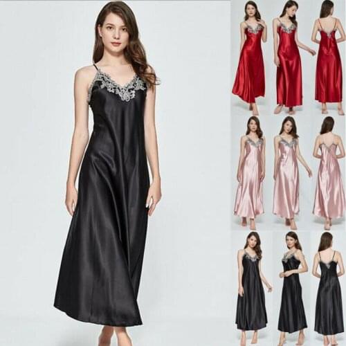 2020 Women Satin Silk Lace V-neck Lingerie Pajama Night Dress Nightdress Sleepwear Women Satin Silk Lace Long Nightgown