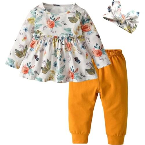 3PCS New Autumn Infant Baby Girls Clothes Set 100% Soft Cotton Baby Outfits With Headband Floral Baby Toddler Clothing
