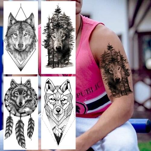 3D Wolf Geometric Temporary Tattoos For Men Boy Forest Feather Fake Tattoo Dreamcatcher Realistic Coyote Tatoo Large Sheets