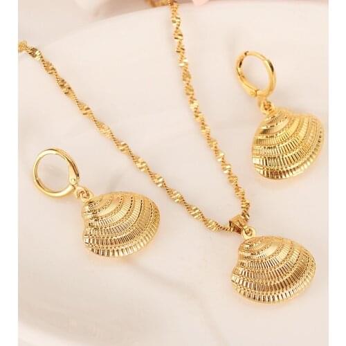 Africa 18 k Yellow Solid G/F Gold cute shell Permanent Necklace earrings Trendy Women Jewelry Charm Pendant Chain Animal Lucky