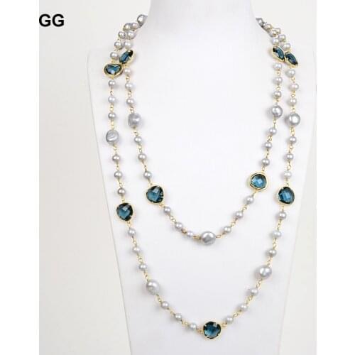 GuaiGuai Jewelry 51'' Gray Freshwater Pearl Blue Crystal Necklace