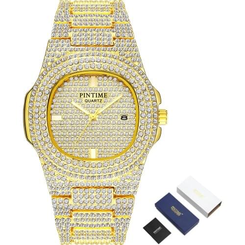 PINTIME Bling Diamond Watch for Men Women Hip Hop Men Quartz Watch Luxury Stainless Steel Business Wristwatch Relogio Masculino
