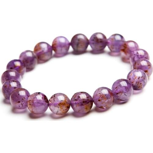 Women Female Gift 10mm Stretch Charm Genuine Natural Gems Stone Purple Titanium Rutilated Quartz Round Crystal Beads Bracelet