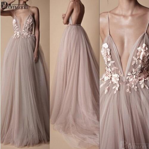 Sexy Long Evening Dresses 2020 New Arrival Backless V-Neck Flowers Blush A Line Tulle Special Occasion Ivory Party Prom Gowns