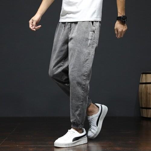 Autumn Denim jeans 2020 Fashion mens brand grey drawstring pants Korean elastic waist girdle Harem jeans loose cropped pants men