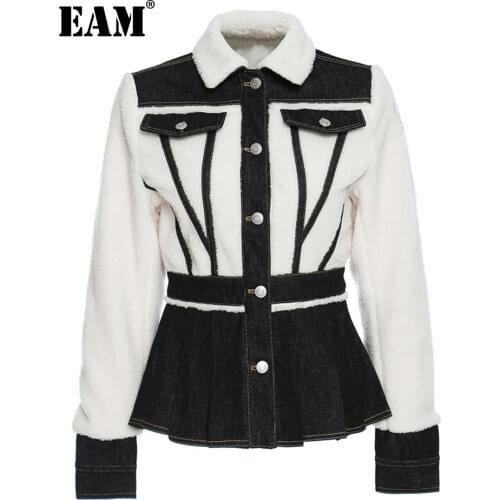 [EAM] Loose Fit Contrast Color Spliced Denim Jacket New Lapel Long Sleeve Women Coat Fashion Tide Autumn Winter 2021 1DD2823