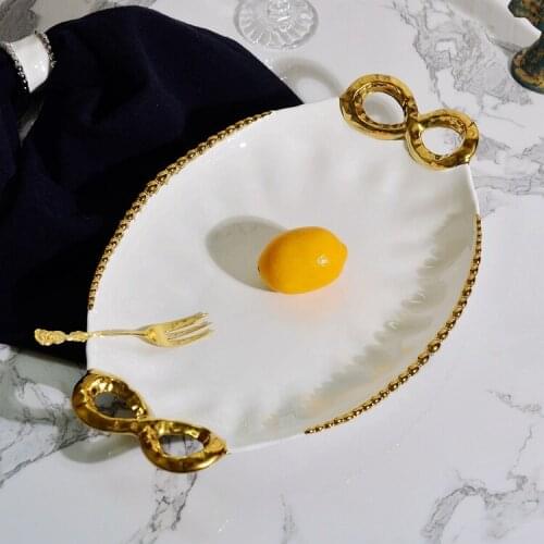European Court gold plated 15.5 inch big fruit basket home furnishing ceramic pendulum double ear plate
